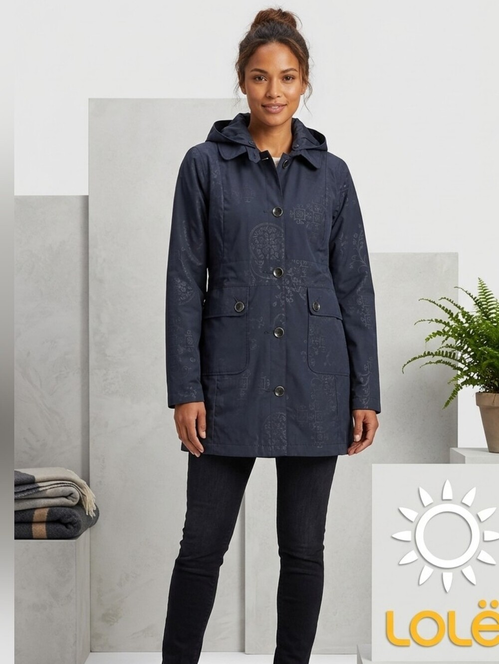 Lole Navy Hooded Trench Coat with Subtle Print Ptp 20,5"